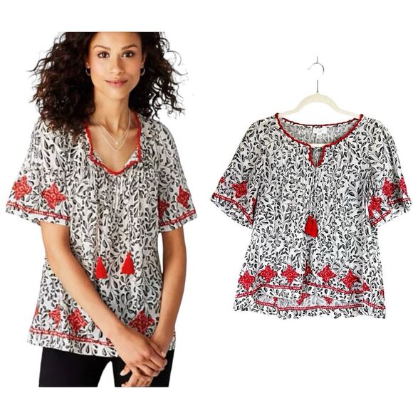 J. Jill Tops - J Jill Prairie Peasant Tunic Top Embroidered Sz S Boho Tassel Tie Cottage Cotton